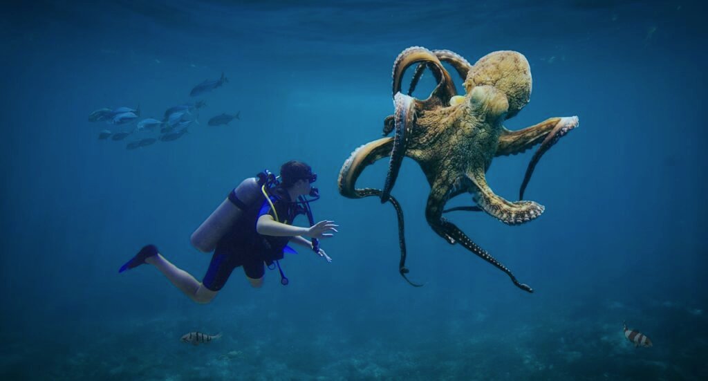 octopus, diver, dive