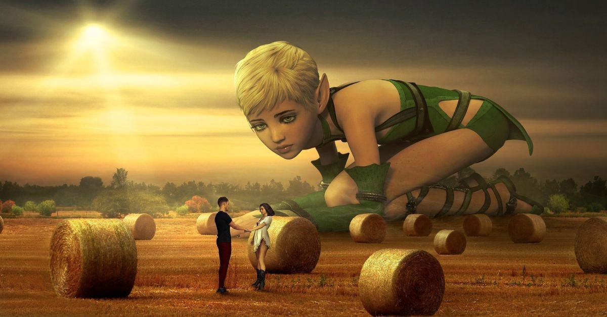 Giant names - A female giant looking at a couple in a hayfield