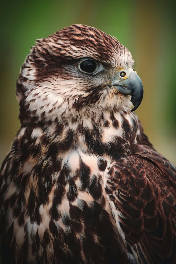 Close-up of a Peregrine Falcon showcasing its detailed feathers and fierce gaze.