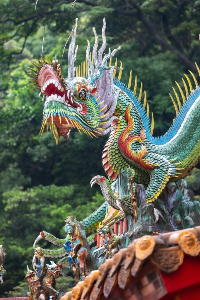 Sculpture of a Dragon On a Roof of a Taiwanese Temple