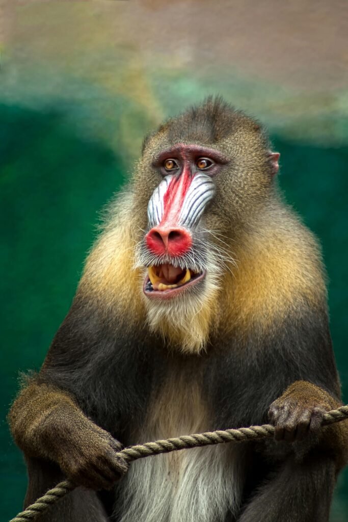 Close-up of a vibrant mandrill with striking facial features holding a rope in a zoo.